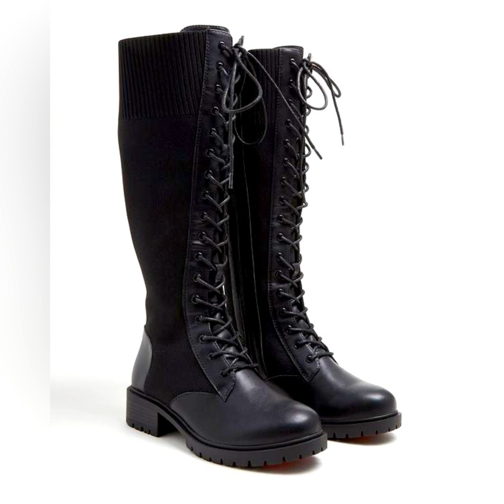 Torrid - Women’s Stretch Knit Combat Knee Boot - Black Faux Leather (9.5 WW)